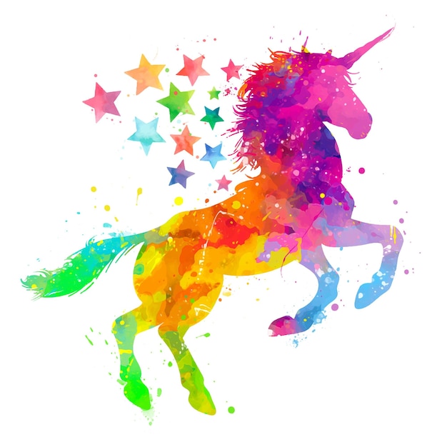 Unicorn silhouette watercolor splatter texture stock with stars illustration