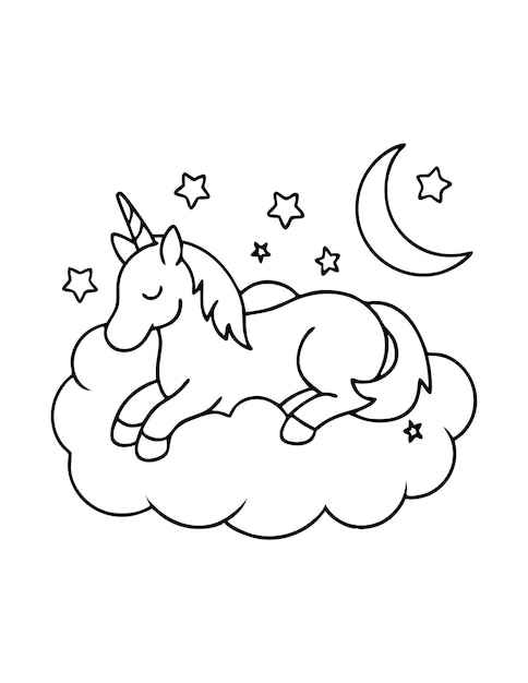 Vector a unicorn sits on a cloud with stars and the moon behind it