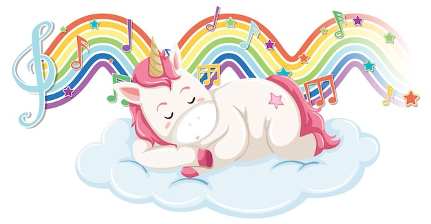 Unicorn sleeping on the cloud with melody symbols on rainbow wave