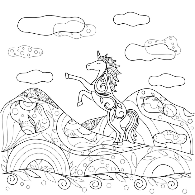 A unicorn stands on its hind legs in nature Magic horse with an ornament near the mountains black outline on white Cute unusual coloring book for children and adults