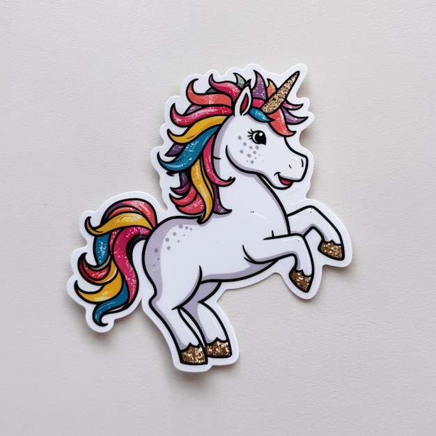 Unicorn sticker adorned with a rainbow mane and a glittering horn