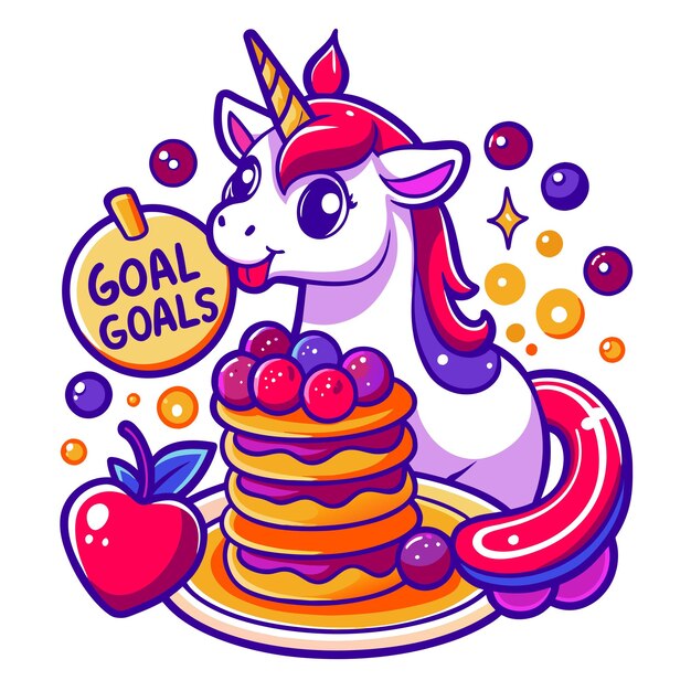 Vector unicorn sticker for a tshirt with the unicorn balancing a stack of pancakes on its horn