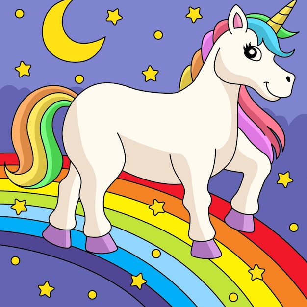 Unicorn Walking On Rainbow Colored Cartoon