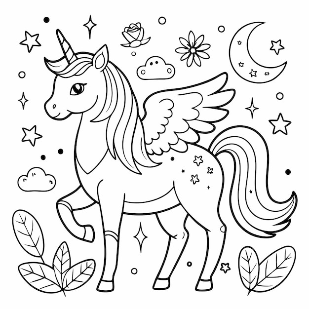 Vector an unicorn with an angel on its head is drawn in black and white