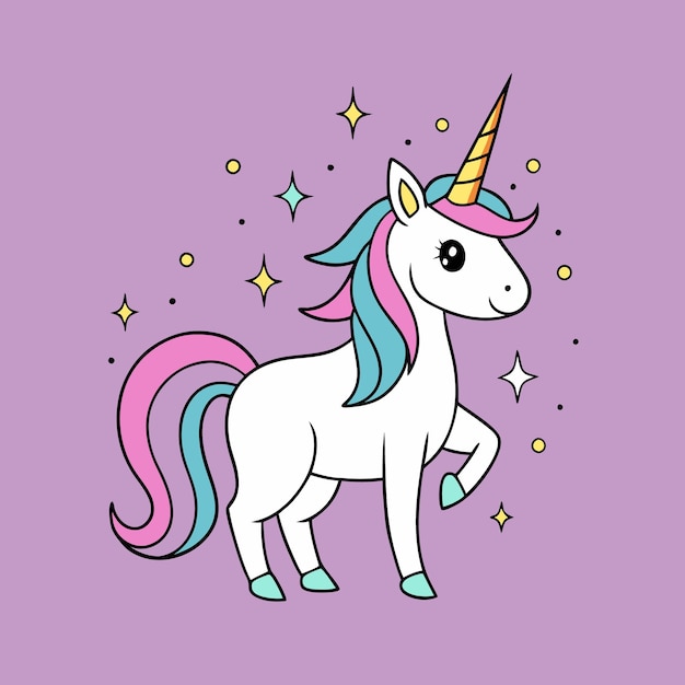 an unicorn with a blue tail and a pink background with stars