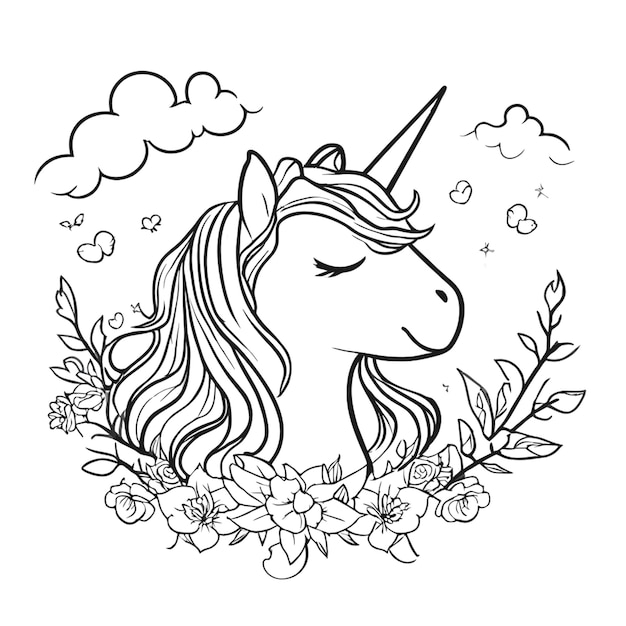 unicorn with flowers in hairs clouds and rainbow vector illustration