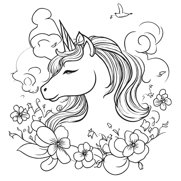 unicorn with flowers in hairs clouds and rainbow vector illustration