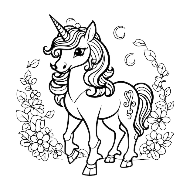 A unicorn with a mane and tail stands among flowers.