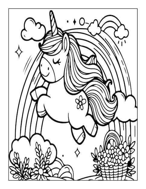 Unicorn with rainbow coloring page for kdp