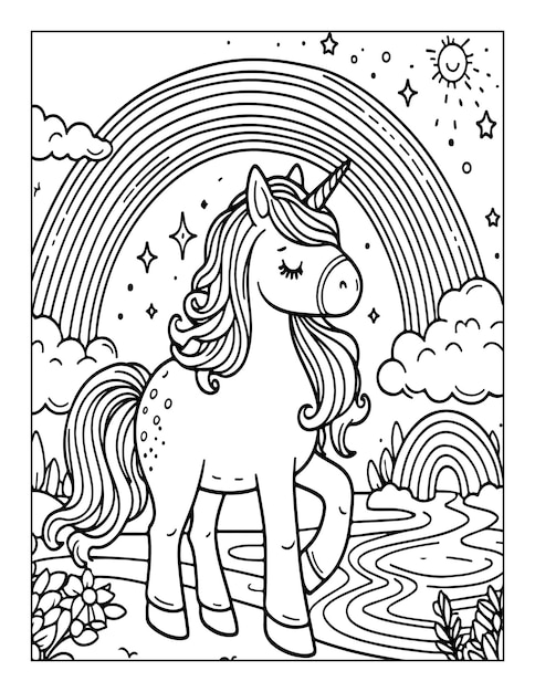 Unicorn with rainbow coloring page for kids vector illustration