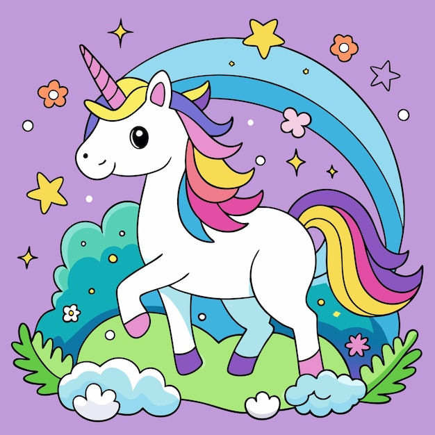 a unicorn with a rainbow on it and the word unicorn on the purple background