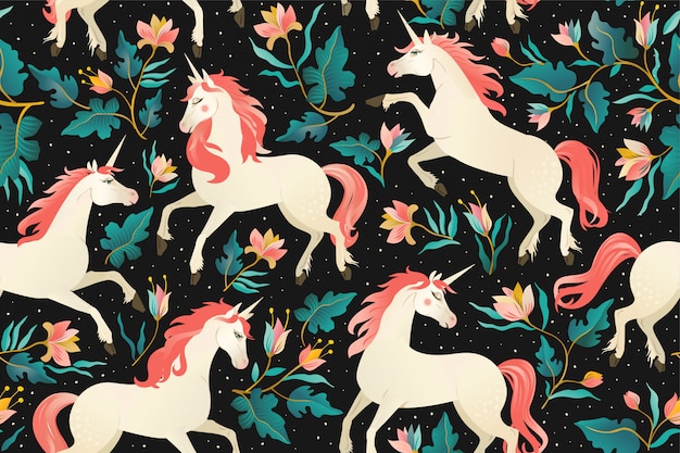 Unicorns on a dark seamless pattern