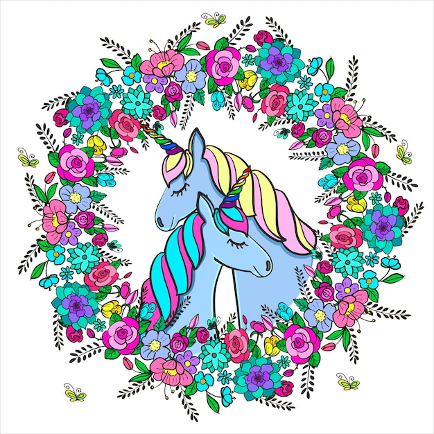 Vector unicorns in a flower wreath vector illustration multicoloured wreath of flowers