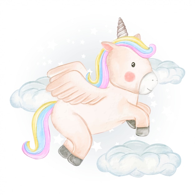 Unicorns fly over clouds in watercolor illustrations