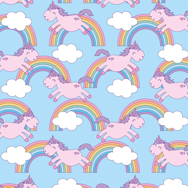 Unicorns patterns background with rainbow. vector illustration