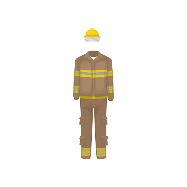 Uniform of fireman Yellow helmet brown jacket and pants with stripes Protective male clothes Working garment of firefighter Workwear theme Flat vector illustration isolated on white background