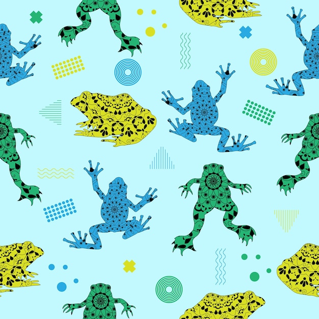 unique abstract amphibians frogs mandala art memphis style decor seamless pattern premium vector