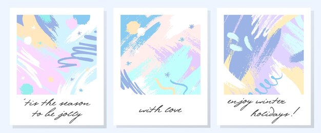 Vector unique artistic holidays cards with hand drawn shapes and textures in soft pastel colors.trendy greetings design perfect for prints,flyers,banners,invitations,covers and more.modern vector collages.