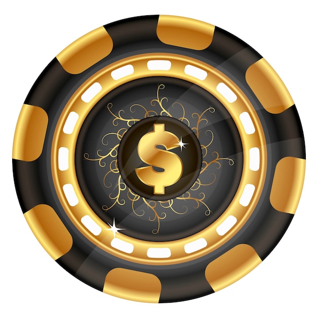 Unique casino chip in black and gold color dollar sign in the center