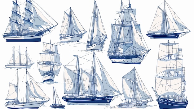 Vector unique collection of isolated doodle ships yachts and boats sailing