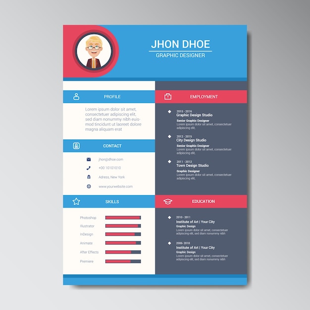 Unique Flat Color Curriculum Vitae Design Template With Photo or Avatar Placeholder