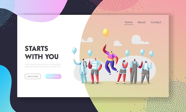 Unique Landing Page Template. Male Character in Colorful Rainbow Clothes Flying on Yellow Balloon above Crowd of Identical People in Blue Shirts. Outstanding Individuality. Cartoon Vector Illustration