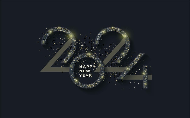 Unique luxury happy new year 2024 design With shiny golden glitters vector number Premium vector background with elegant dark background