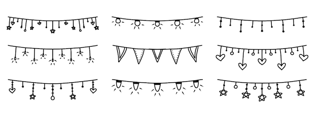 A unique set of handdrawn garlands for the holidays Holiday decorations in doodle style vector illustration