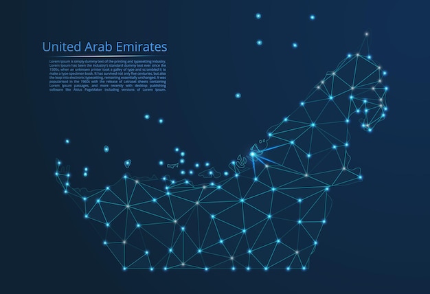 United Arab Emirates communication network map Vector low poly image of a global map with lights