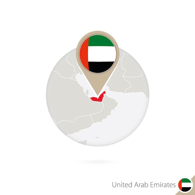 United Arab Emirates map and flag in circle. Map of UAE, UAE flag pin. Map of UAE in the style of the globe. Vector Illustration.