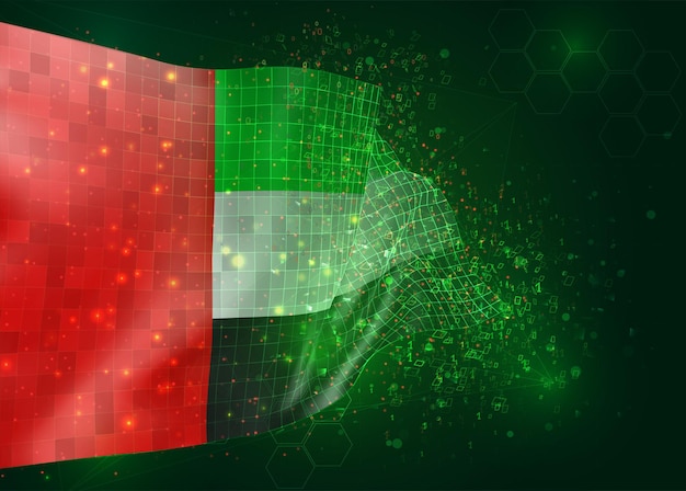 United Arab Emirates, on vector 3d flag on green background with polygons and data numbers