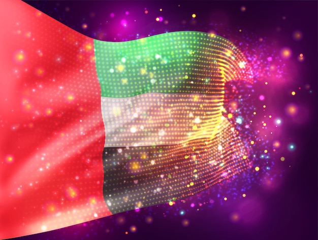 United Arab Emirates, vector 3d flag on pink purple background with lighting and flares