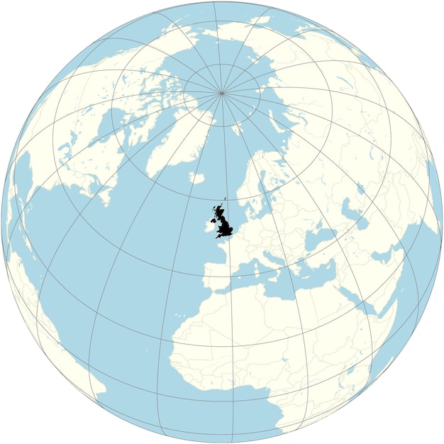 United Kingdom showcased prominently in the orthographic projection of the world map highlighting it