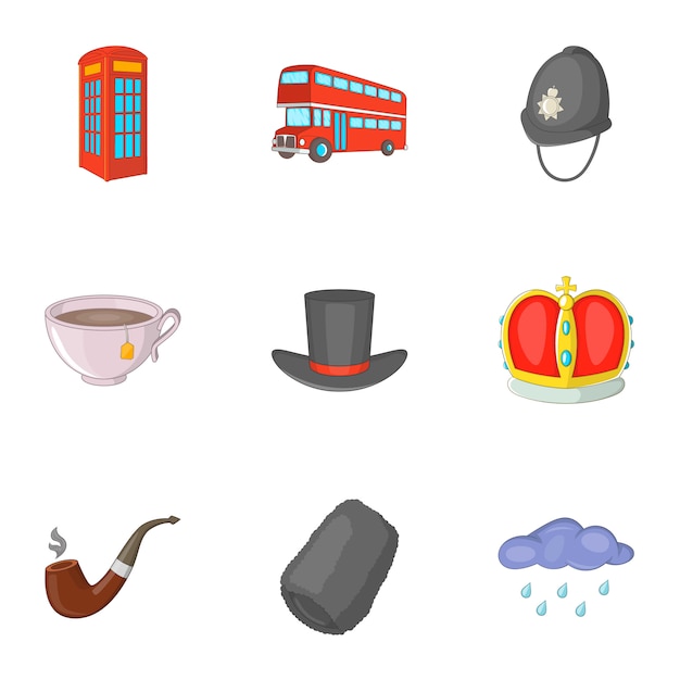 United Kingdom travel icons set, cartoon style