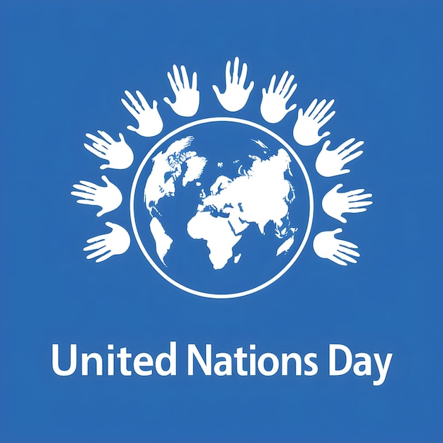 Vector united nations day blue background circular emblem around the emblem multiple white hands