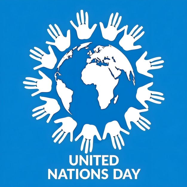 Vector united nations day blue background circular emblem around the emblem multiple white hands