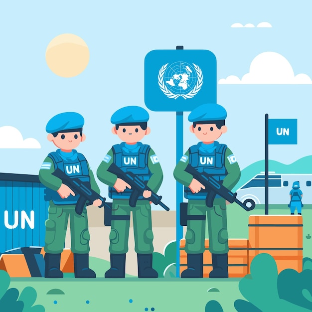 Vector united nations peacekeeping force stand guard at the border to maintain security in conflict areas