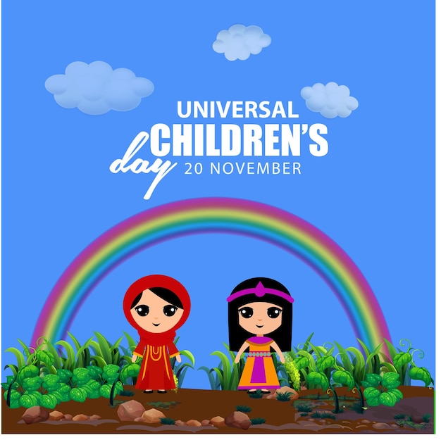 Universal childrens day 20 November creative typography with kids playing in garden vector art.