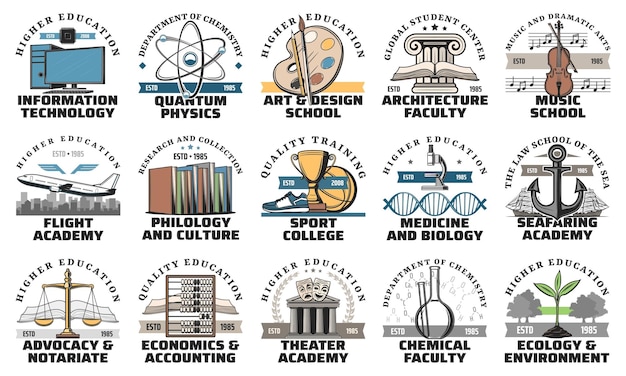 University and academy isolated vector icons set