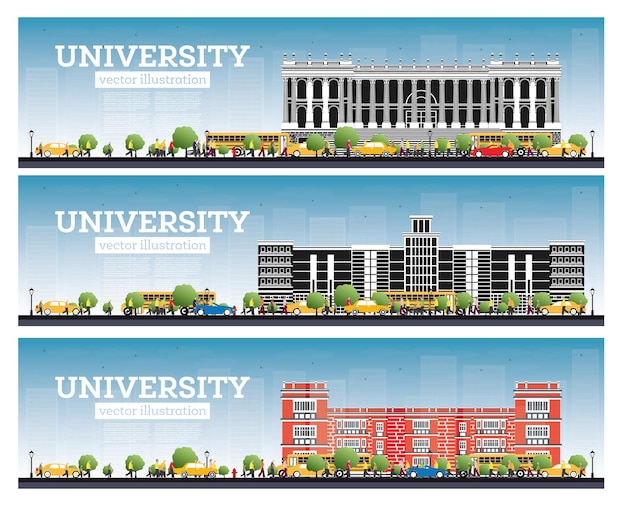 University Campus Set Study Banners Vector Illustration Students Go to the Main Building of University