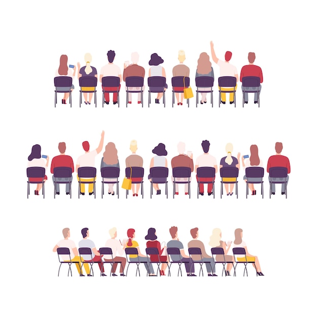 University or College Students Sitting on Chairs in Class Back View of Young People Studying Together Flat Vector Illustration