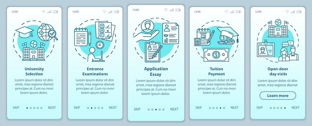 University entrance onboarding mobile app page screen vector template. Tuition payment. Essay, exam. Walkthrough website steps with linear illustrations. UX, UI, GUI smartphone interface concept