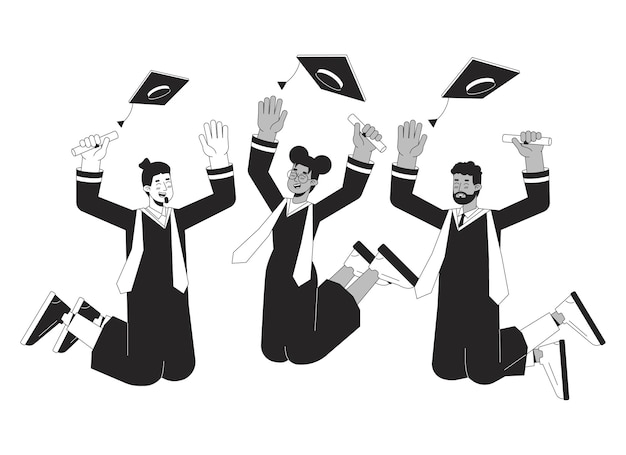 University graduation bw vector spot illustration Graduates throw college caps 2D cartoon flat line monochromatic characters for web UI design Masters students editable isolated outline hero image