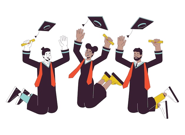 University graduation flat line vector spot illustration Graduates throwing college caps 2D cartoon outline characters on white for web UI design Masters students editable isolated color hero image