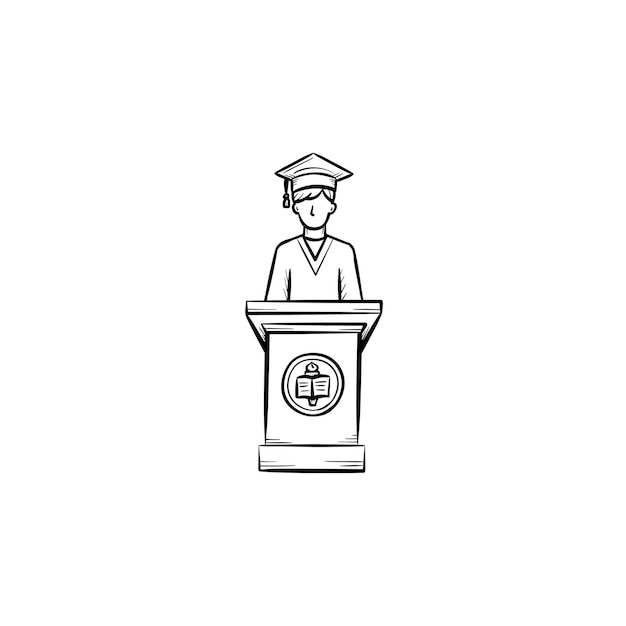 University graduation student hand drawn outline doodle icon. Student giving a speech at the graduation of university vector sketch illustration for print, web, mobile isolated on white background.