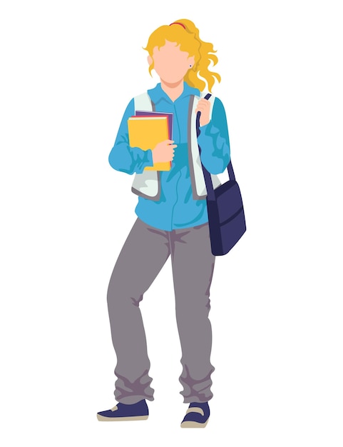 University student woman character female standing hold textbook modern bag young blonde girl