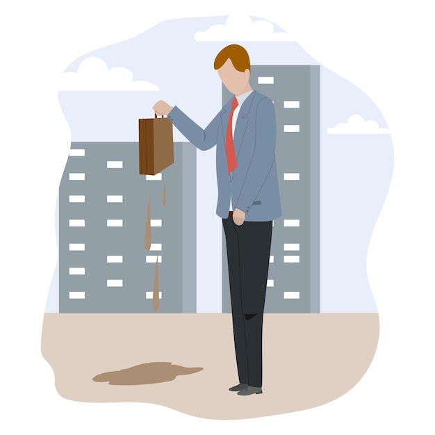 Unlucky business man walking in the rain He holding bag in his hand Sadness person has a cold and he is weary Character flat design vector illustration