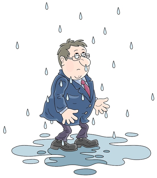 Unlucky, sad and wet man without an umbrella standing in a puddle on a rainy day for failure