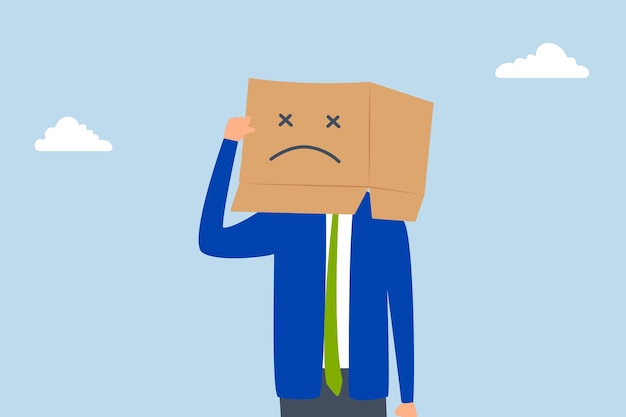 Vector unsatisfied customer unhappy man in a cardboard box with a sad expression feeling frustrated