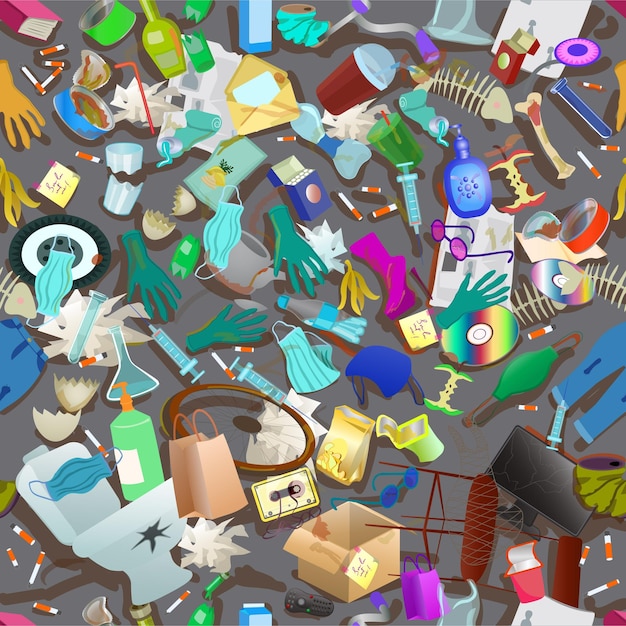 Vector unsorted trash heap seamless pattern bio waste industrial waste medical waste